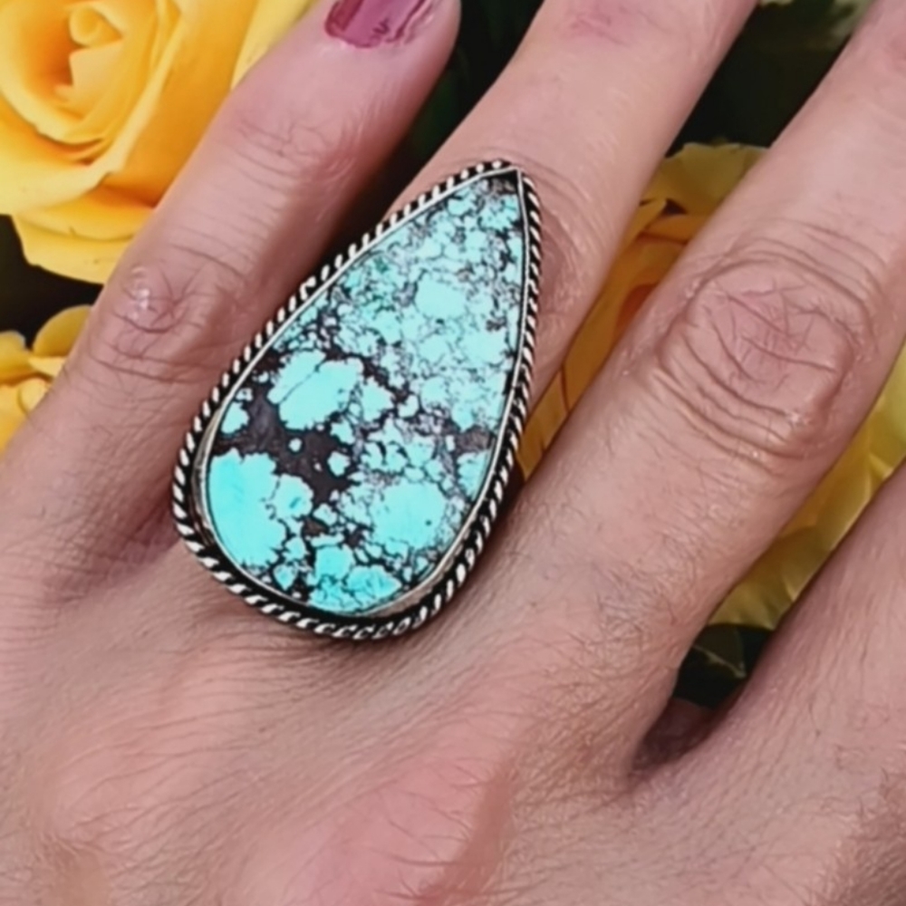🔥925 RARE Turquoise XL Gemstone Sterling Silver Ring 925 stamped